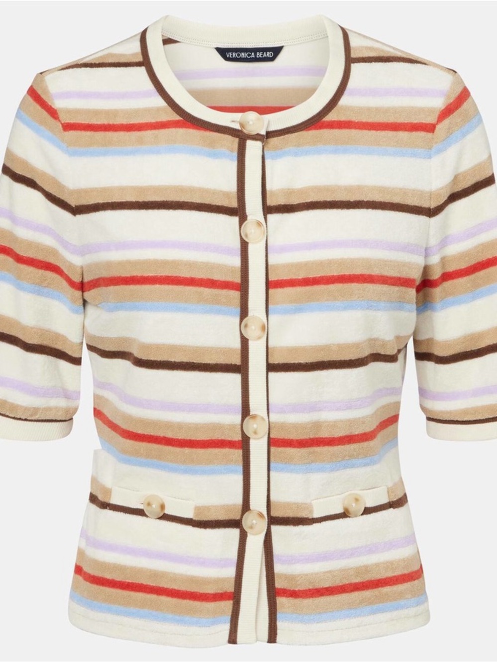 Veronica Beard Cream Multi-Stripe Short Sleeve Knit Top